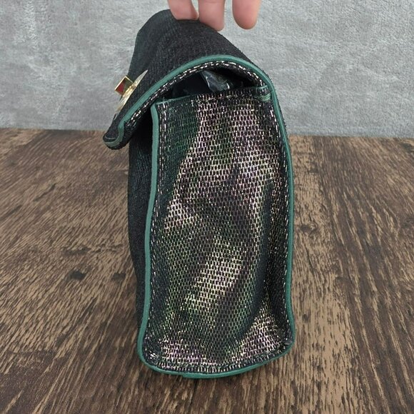 Tory Burch Austin Flap Clutch Bag Green Purple Iridescent Metallic Galaxy Cyber - Picture 6 of 14